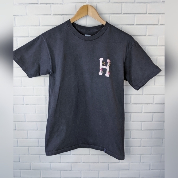 HUF Black and Pink Floral H Tee Womens small - Picture 1 of 5